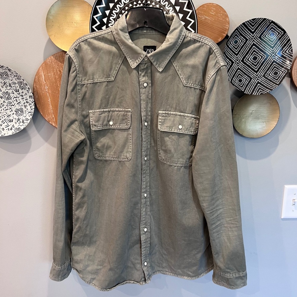 Zara Men Olive Green Cotton Twill Western Snap Button Shirt Large Long Sleeve